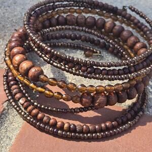 Boho Chic Wood Glass Beaded Wire Wrap Bracelet